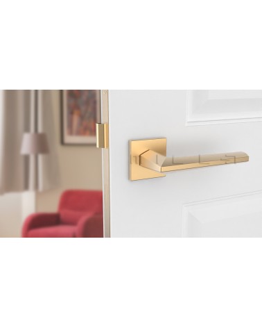 Maniglia porta oro opaco JASMINA maniglia design vista frontale montata su una porta