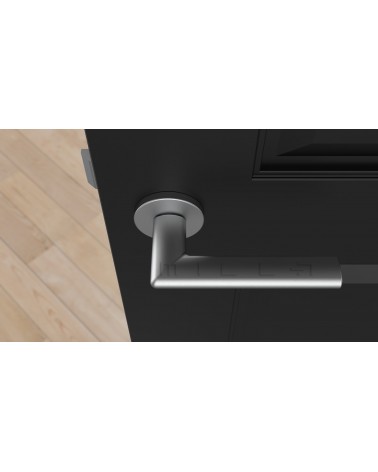 Maniglia per porta cromo satinato KALMIA design vista dall'alto montata su una porta
