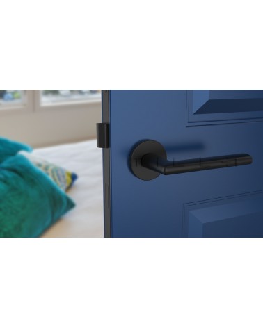 Maniglia porta nera KALMIA maniglia design vista frontale montata su una porta