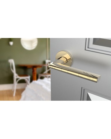 Maniglia porta oro lucido KALMIA maniglia design vista inclinata montata su una porta