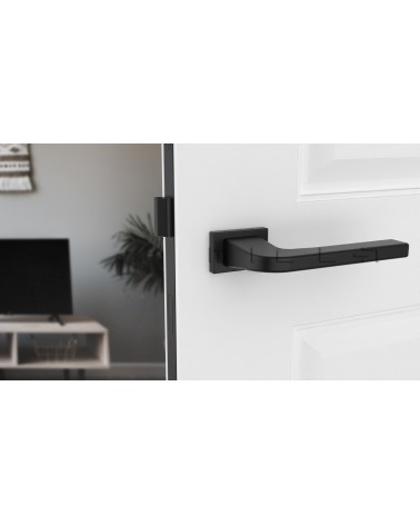 Maniglia per porta nera ISMENA ferramenta design vista frontale montata su una porta