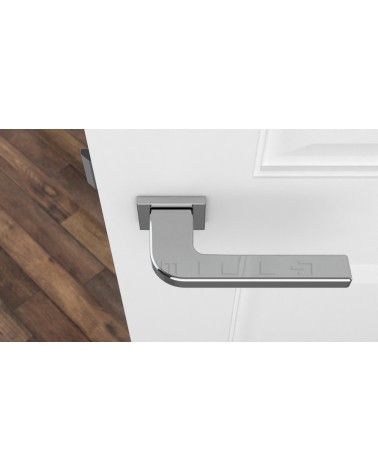 Maniglia per porta cromo lucido ISMENA ferramenta design vista dall'alto montata su una porta