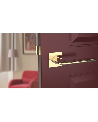 Maniglia per porta oro lucido LILA maniglia design vista frontale montata su una porta