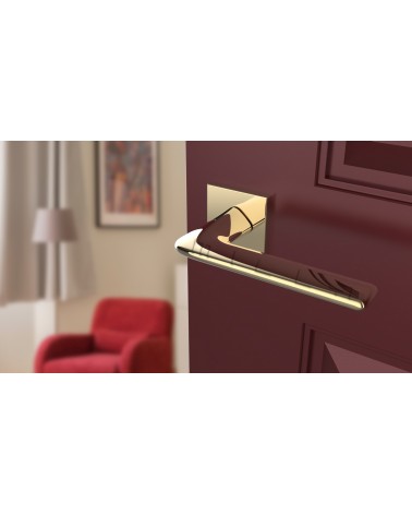 Maniglia per porta oro lucido LILA maniglia design vista inclinata montata su una porta