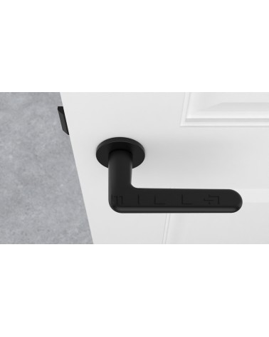 Maniglia porta nera LIRA maniglia design vista dall'alto montata su una porta