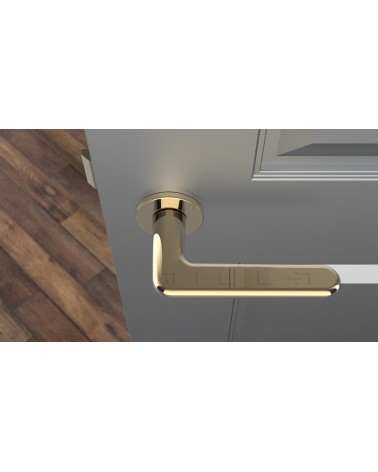 Maniglia per porta LIRA in oro lucido design vista dall'alto montata su una porta