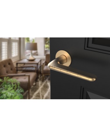 Maniglia per porta LIRA in oro opaco design vista dall'alto inclinata montata su una porta