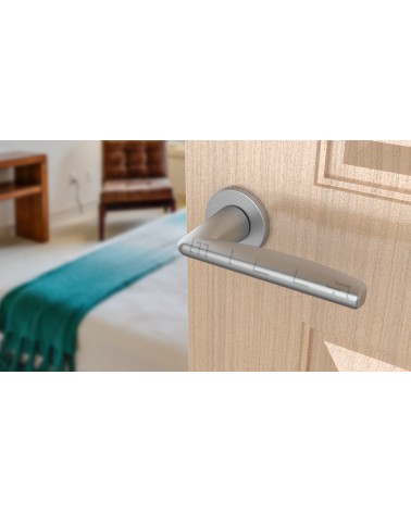 Maniglia per porta cromata satinata LUNA design montata su una porta