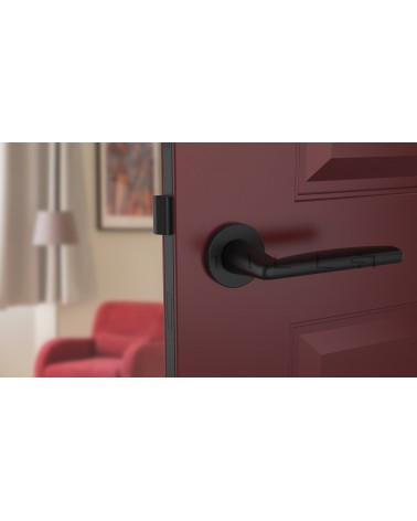 Maniglia per porta nera LUNA maniglia design vista frontale montata su una porta