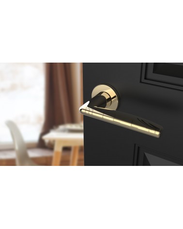 Maniglia per porta oro lucido LUNA maniglia design vista inclinata montata su una porta