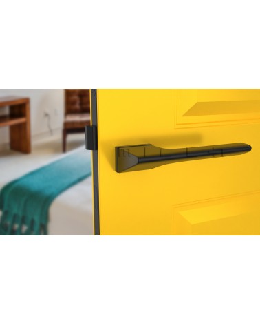 Maniglia per porta futuristica LUPINA design vista frontale montata su una porta