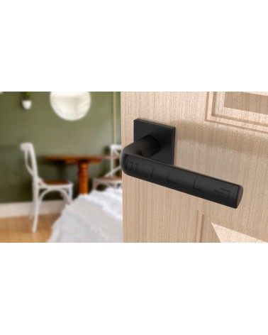 Maniglia per porta classica MELA ferramenta design vista dall'alto inclinata montata su una porta