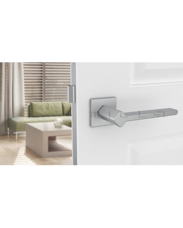 Maniglia porta futuristica NINFEA maniglia design vista frontale montata su una porta