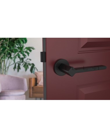 Maniglia per porta nera NINFEA ferramenta design vista frontale montata su una porta