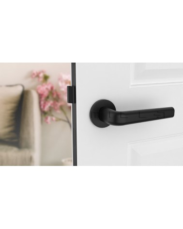 Maniglia per porta nera INULLA maniglia design vista frontale montata su una porta