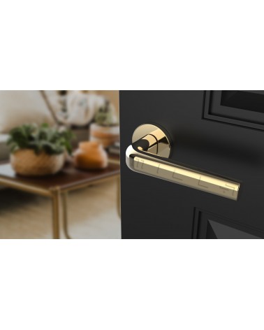 Maniglia per porta oro lucido INULLA maniglia design vista inclinata montata su una porta