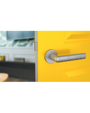 Maniglia per porta in cromo satinato SILENA maniglia design vista frontale montata su una porta