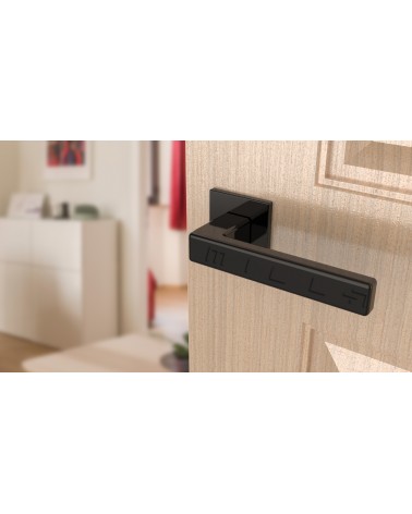 Maniglia per porta TILLIA porta interna design colore 1 vista inclinata montata su una porta