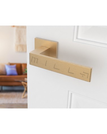 Maniglia porta oro opaco Apollo design vista inclinata montata su una porta