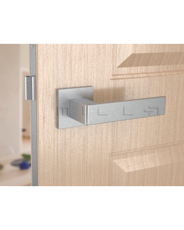 Maniglia per porta cromo spazzolato Apollo design vista frontale montata su una porta