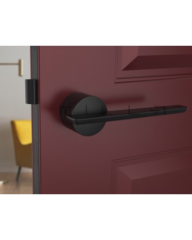Maniglia per porta futuristica JUMELLE design vista frontale montata su una porta