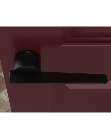 Maniglia per porta nera JUMELLE design vista dall'alto montata su una porta