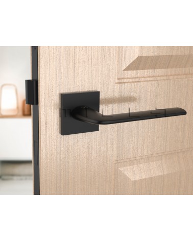 Maniglia per porta nera STINGER maniglia design vista frontale montata su una porta