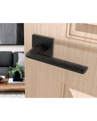 Maniglia per porta nera STINGER maniglia design vista inclinata montata su una porta