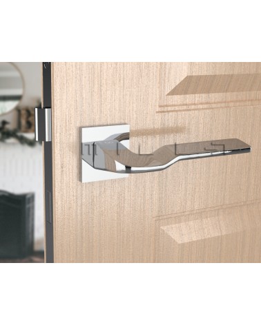 Maniglia per porta cromo lucido LINE BALI ferramenta design vista frontale montata su una porta