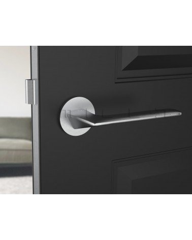 Maniglia per porta cromata spazzolata Line GIULIA maniglia design vista frontale montata su una porta aperta