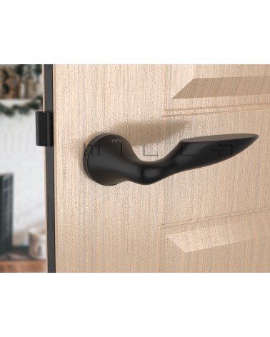Maniglia per porta nera DOUCE maniglia design vista inclinata montata su una porta