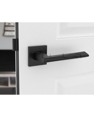 Maniglia per porta nera DIAMANT design vista frontale montata su una porta