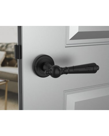 Maniglia per porta nera MILLENAIRE maniglia design vista frontale montata su una porta