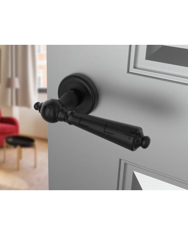 Maniglia per porta nera MILLENAIRE maniglia design vista inclinata montata su una porta