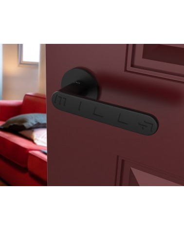 Maniglia per porta nera Line Vénus maniglia design montata su una porta socchiusa