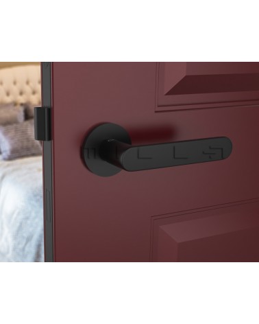 Maniglia per porta nera Line Vénus maniglia design vista frontale montata su una porta