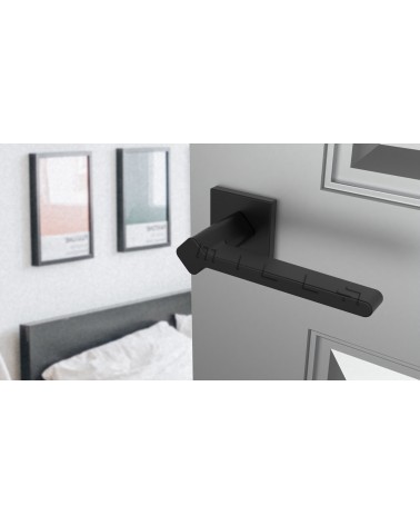 Maniglia per porta su placca quadrata NINFEA maniglia design colore 1 vista dall'alto inclinata montata su una porta