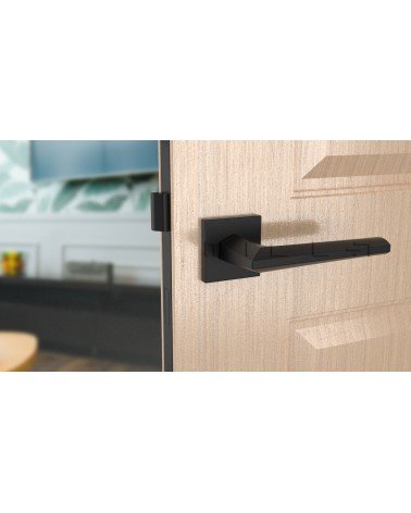 Maniglia per porta su placca quadrata JASMINA maniglia design colore 2 vista frontale montata su una porta