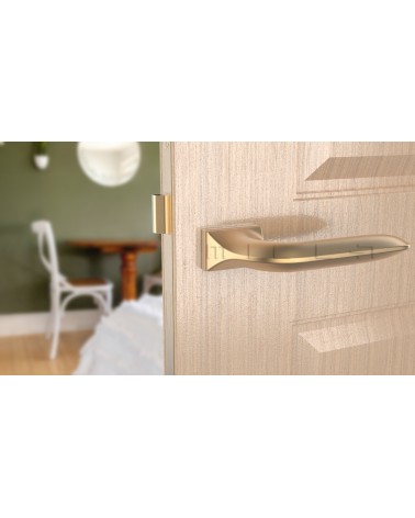 Maniglia per porta su placca rettangolare GLADIOLA maniglia design colore 4 vista frontale montata su una porta