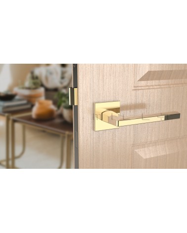 Maniglia per porta su placca quadrata PYROLA ferramenta design vista frontale montata su una porta