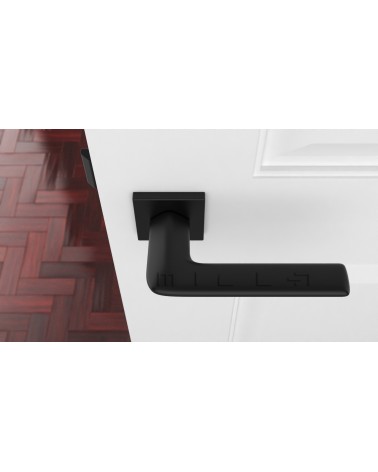 Maniglia per porta su placca quadrata LILA maniglia design colore 2 vista dall'alto montata su una porta