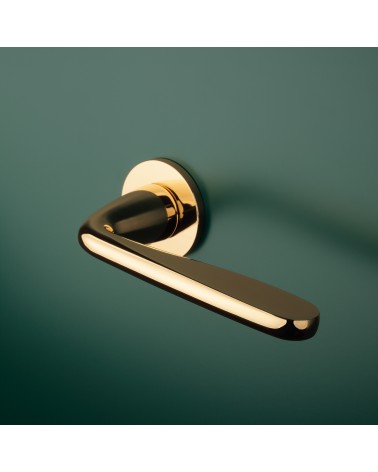 Maniglia per porta su placca rotonda HIACYNTA maniglia design colore 1 montata su una porta
