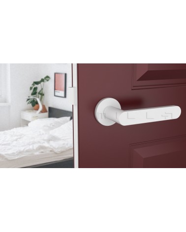 Maniglia per porta in zamak ALORA maniglia design colore 5 vista frontale montata su una porta