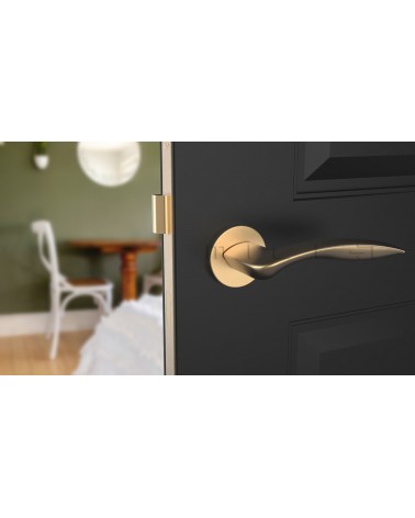 Maniglia per porta su placca tonda ROBINE ferramenta design colore 1 vista frontale montata su una porta