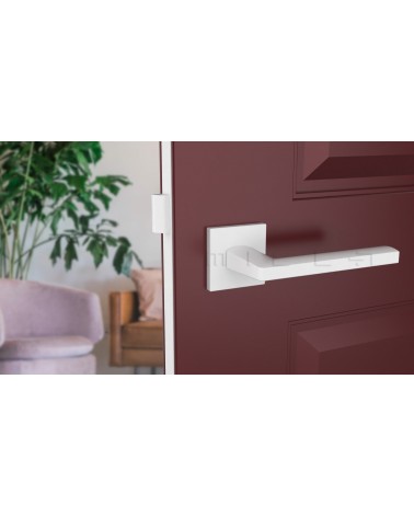 Maniglia per porta in zamak PYROLA ferramenta design vista frontale montata su una porta