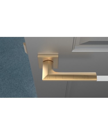 Maniglia per porta in zamak JASMINA maniglia design colore 3 vista dall'alto inclinata montata su una porta