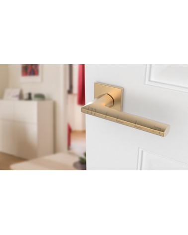 Maniglia per porta in zamak JASMINA maniglia design colore 3 vista dall'alto inclinata montata su una porta
