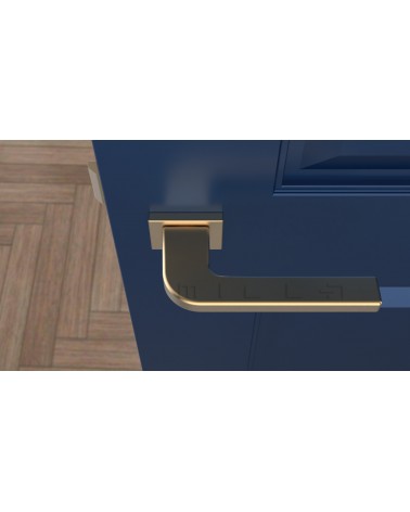 Maniglia per porta su placca rettangolare ISMENA design vista dall'alto montata su una porta