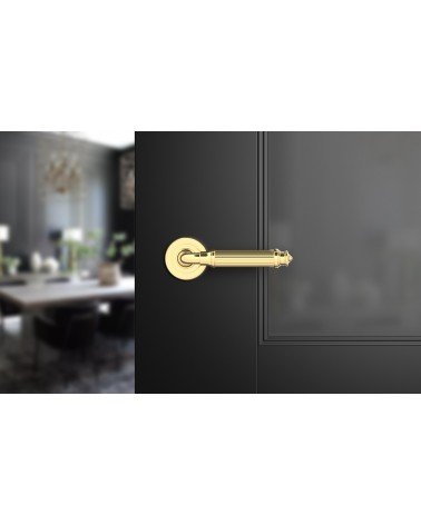 Maniglia per porta oro lucido ARIA Slim design vista frontale montata su una porta