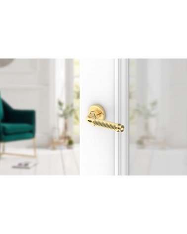 Maniglia per porta oro lucido ARIA Slim design montata su una porta socchiusa